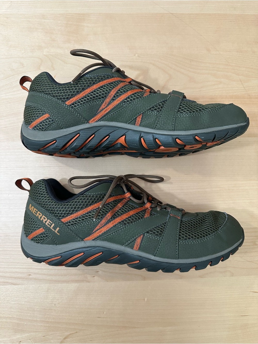 Merrell Men's Olive Green Slip-Resistant Hiking shoes with Orange Accents M12